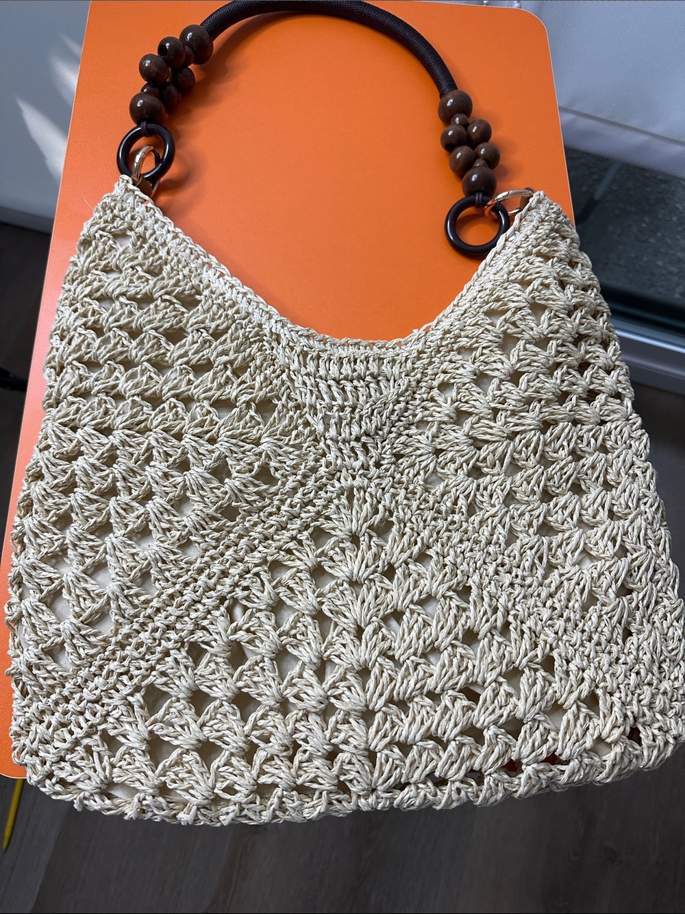 SHEIN Cream Crochet Shoulder Bag with Wood Bead Handles